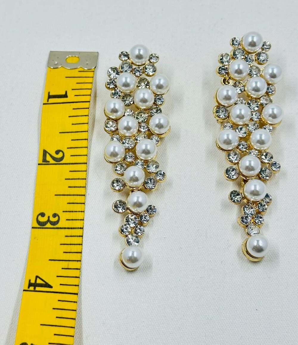 Gold Tone Faux Pearl & Rhinestone Cluster Drop Earrings